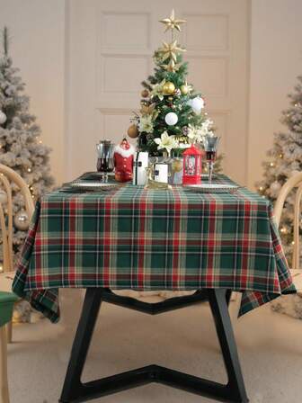 1 pieza Mantel de Navidad, tela tejida a cuadros rojos y verdes, estilo vintage campestre, adecuado para cocina, comedor, sala de estar, mueble de TV, rectangular, decorativo para reuniones festivas, fiestas, decoración del hogar, ¡Feliz Navidad!