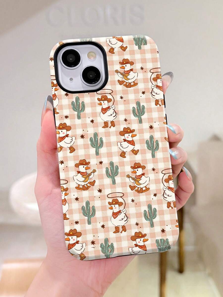 1pc Western Cowboy Style Plaid Bandana, Cartoon Duck & Cactus Pattern Glossy 2-In-1 Soft Film Full Coverage Phone Case For Samsung/ 11/12/13/14/15/16/17 Pro Max - Multicolor - View 1