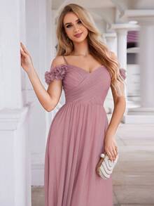 Flower Off Shoulder Strap Pink Bridesmaid Dress With Backless Design Elegant Sparkly Dress Wedding Guest Gown For Wedding Formal Gown Semi Formal Dress