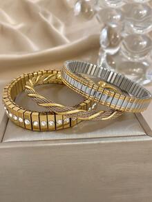 Multicolor Elastic Strap Bracelet Golden Twisted Open Bracelet For Women Stainless Steel Stackable Bracelet For Daily Party Jewelry Set Birthday Christmas Gifts - Multicolor - View 6