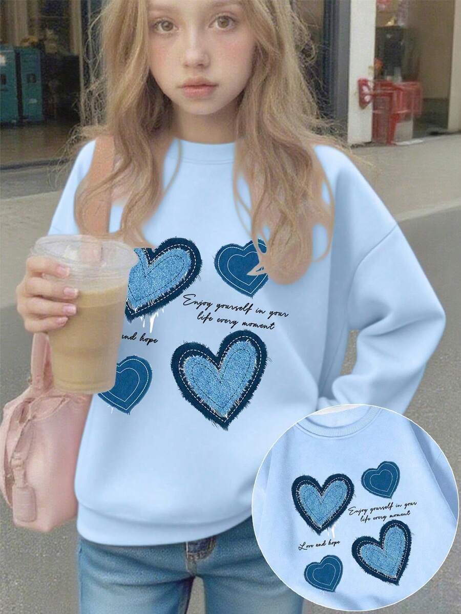 1pc Girls Long Sleeve Round Neck Pullover Top, Featuring "Vintage Floral Print" Pattern, Comfortable, Fashionable, Casual Autumn/Winter New Style Top For Young Girls/Teen Girls/Teenage Girls - Baby Blue - View 1