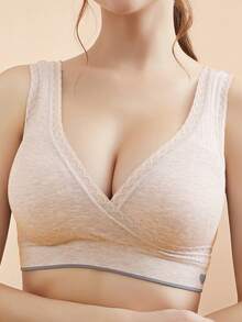 1pc Apricot Maternity Bra, Crossover Lace Trim Seamless Nursing Bra - Apricot - View 4