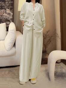 Women's Casual Cardigan, Versatile Solid Color Elegant Blouse Top, Perfect For Beach Holiday, Daily Commute, Work, Shopping - Comfortable Soft Fabric, Loose Fit Pants, 2 Pieces Sets, Suitable For Spring, Summer, Autumn