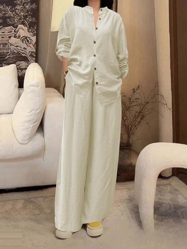 Conjunto de 2 piezas de mujer con cárdigan casual, blusa elegante de unicolor versátil, perfecta para vacaciones en la playa, viajes diarios, trabajo, compras - Tela suave y cómoda, pantalones de corte holgado, adecuado para primavera, verano, otoño