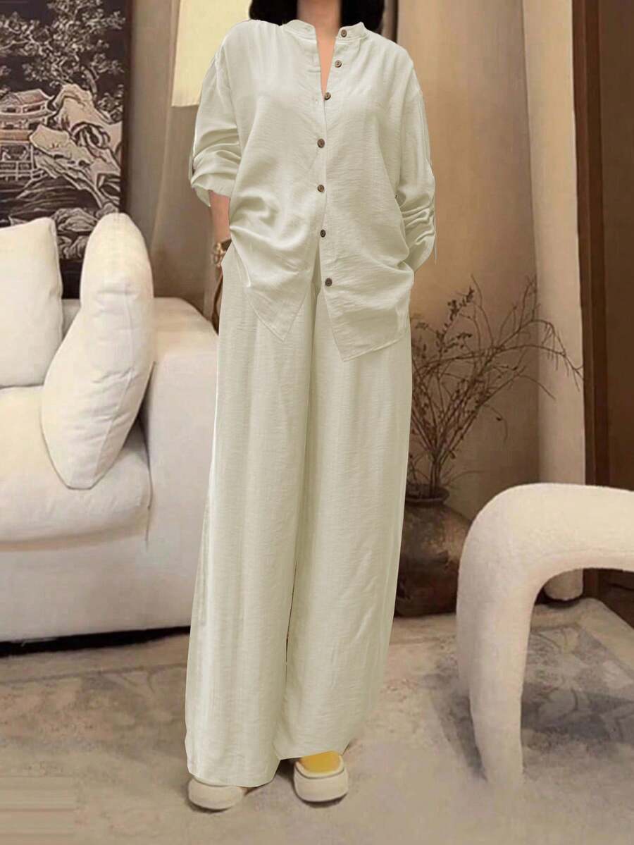 Women's Casual Cardigan, Versatile Solid Color Elegant Blouse Top, Perfect For Beach Holiday, Daily Commute, Work, Shopping - Comfortable Soft Fabric, Loose Fit Pants, 2 Pieces Sets, Suitable For Spring, Summer, Autumn