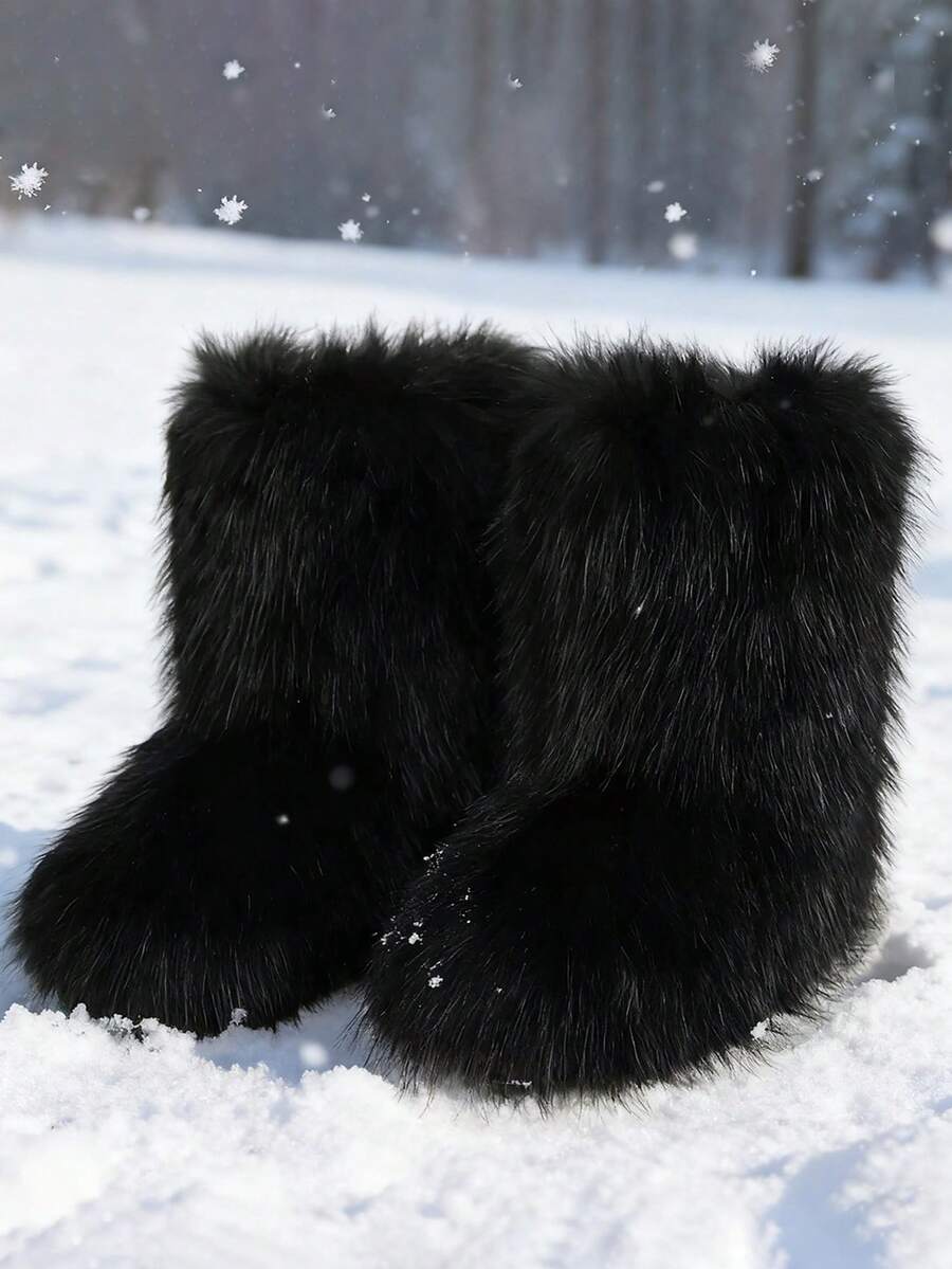 New Winter Warm Plush Faux Fur Snow Boots For Women - Dark Grey & Brown & Black Ankle Booties With Soft Lining, Cozy Slip-On Design For Cold Weather Outdoor & Indoor Wear Unisex Short Ankle Faux Raccoon Fur Snow Boots - Solid Classic Color, Super Smooth Fur Touches The Ground, Perfect For Christmas & Halloween, Y2K Style! Y2K Fashion Men's & Women's Snow Boots - Faux Raccoon Fur, Silky Smooth Floor-Reaching Fur, Solid Classic Shade, Ideal For Christmas & Halloween! Short Ankle Unisex Snow Boots With Faux Raccoon Fur - Solid Classic Color, Ultra-Smooth Fur Hits The Ground, Must-Have For Christmas & Halloween, Edgy Y2K Vibe! Christmas & Halloween Essential Faux Raccoon Fur Snow Boots (Unisex) - Solid Classic Hue, Smooth Fur Touches The Floor, Stylish Y2K Look! Y2K Short Ankle Snow Boots For Men & Women - Faux Raccoon Fur, Super Smooth Floor-Length Fur, Solid Classic Color, Great For Christmas & Halloween Celebrations! - 黑色 - 查看 1
