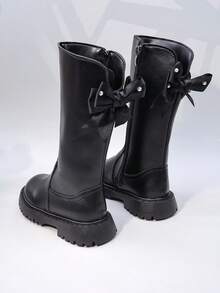 可爱蝴蝶结儿童靴子女童高筒靴幼儿和小孩厚底靴公主高筒靴温暖冬季雪地靴 - 黑色 - 查看 4