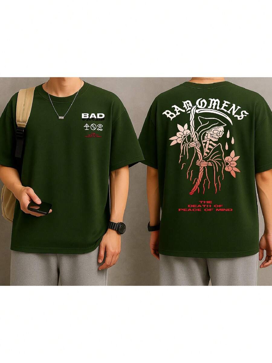 Rock Band T-Shirt 100% Cotton Plus Size - Army Green - View 1