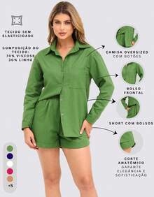 Women's Linen Shorts And Shirt Set - Army Green - View 7