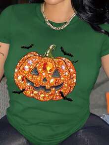 Camiseta playera gráfica dama mujer manga corta cuello redondo casual cómoda fresca ligera moderna juvenil corte regular estampado calabaza brillos imitación strass diamantes murciélagos - Verde - Ver 1