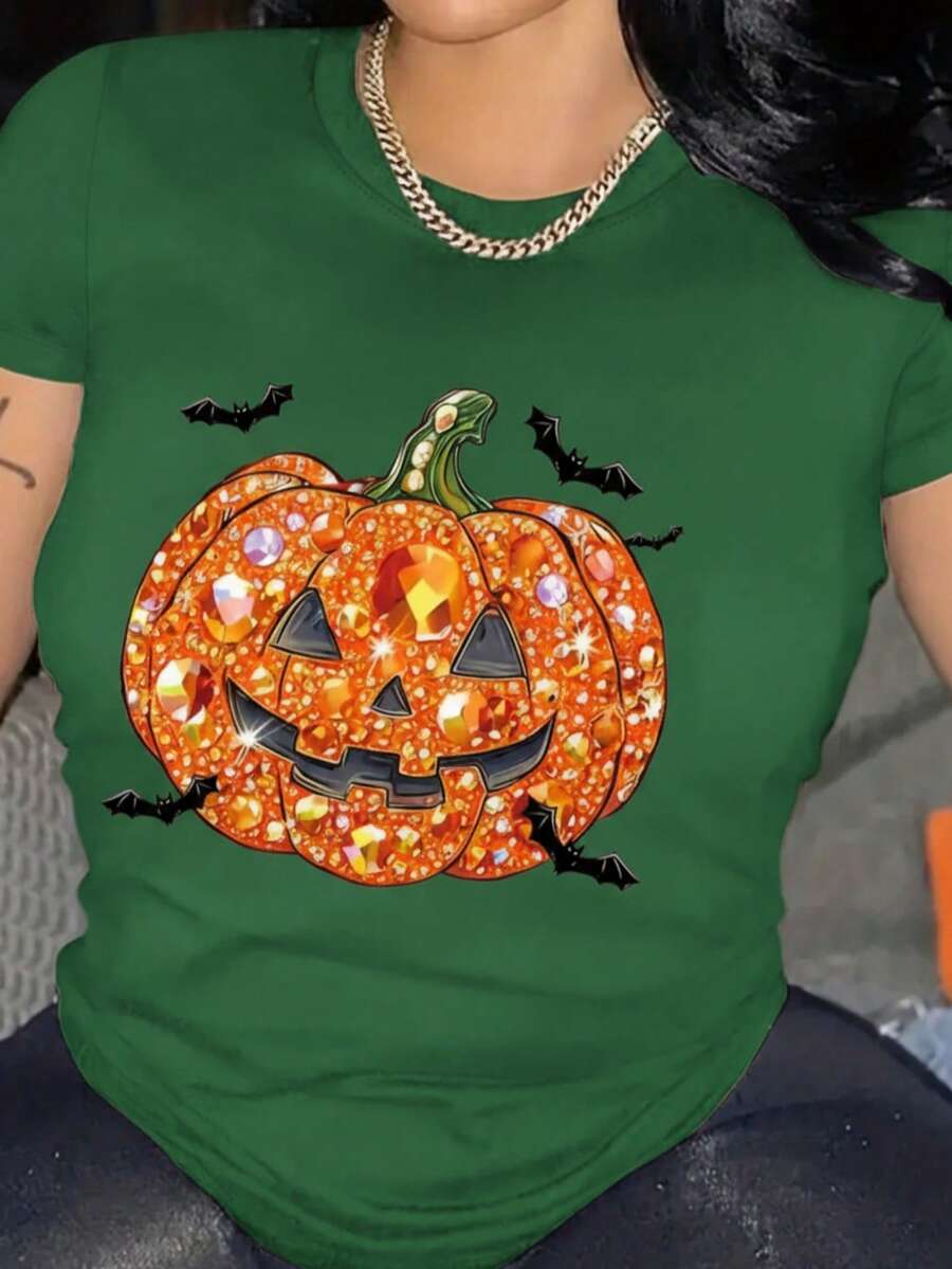 Camiseta playera gráfica dama mujer manga corta cuello redondo casual cómoda fresca ligera moderna juvenil corte regular estampado calabaza brillos imitación strass diamantes murciélagos - Verde - Ver 1