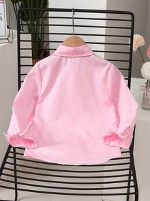 Girls' Classic White Long Sleeve Collared Shirt, Versatile Simple Design, Suitable For School, Layering, All Seasons - Pink - View 2