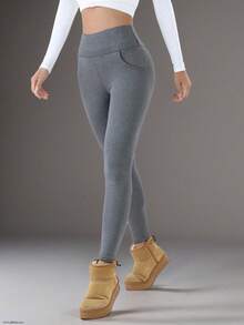 女士高腰保暖打底裤 - 弹力加厚，保暖舒适，适合冬季穿着，配有弹性腰带和口袋，休闲舒适 | 时尚冬季裤装 | 保暖打底裤 - 深灰色 - 查看 3