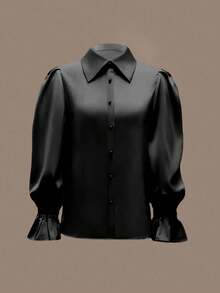 女士优雅休闲百搭通勤缎面衬衫，亲肤柔软丝滑缎面面料，领口泡泡袖设计上衣 - 100% 涤纶，可机洗和干洗，纯色，适合所有季节、办公室和日常穿着，纯色荷叶边/荷叶边前纽扣 - 黑色 - 查看 5