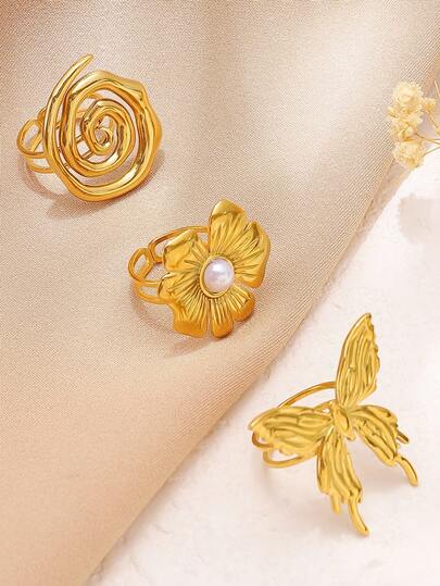 2pcs/Set Fashionable Stainless Steel Multi-Element Flower & Spiral Design Rings Set, Suitable For Women's Daily Wear