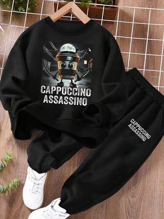 2枚セット クールなカートゥーン プリント クルーネック スウェットシャツ とスポーツパンツ セット 男の子用、ファッショナブルなストリートウェアスタイル、春/秋