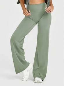 Women's Solid High Waist Sports Leggings, Casual Comfy Breathable Loose Pants For Yoga Gym Workout Running, Ladies Sportswear For All Seasons, High Waisted Flare Legging - Green - View 2