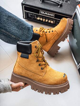 American Thick Sole Boots, Men's British Style Retro American Motorcycle Boots, Outdoor Yellow Boots