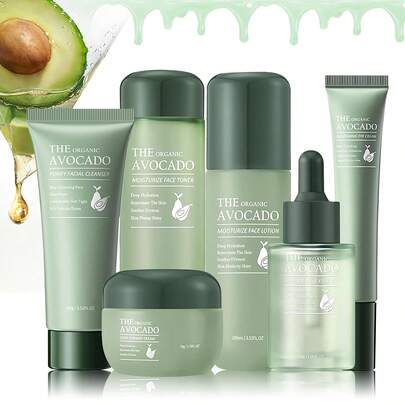 QIUFSSE 6PCS Avocado Skin Care Set,Facial Kit With Facial Cleanser,Toner,Eye Cream,Face Serum,Facial Serum,Face Cream,Lotion ,Anti-Aging Skin Care Set For Women,Travel Skincare Kit For Women