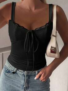 Vaiaye 女士情人节性感蕾丝镂空修身吊带针织背心，适合日常穿着、旅行和度假海滩装扮 - 黑色 - 查看 11