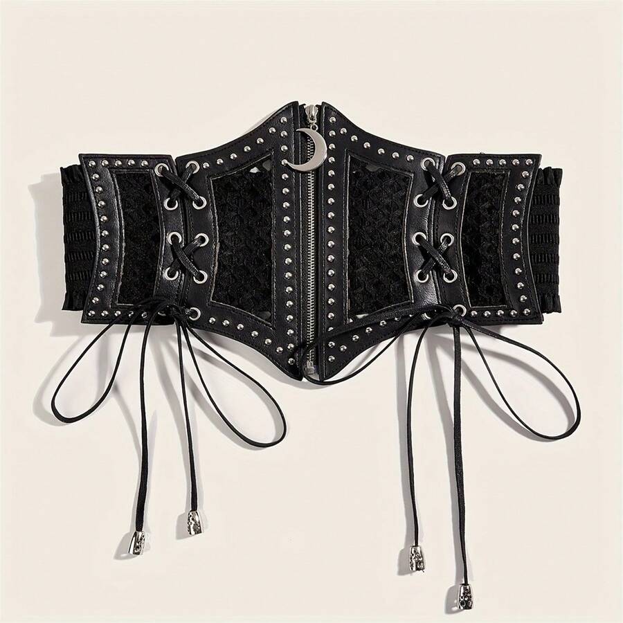1pc Women's Goth Belt Vintage Moon Sign Waist Belt Wide Elastic Cinch Waist Corset Belt Suitable For Holiday Decoration And School Party Activities, Must Be Selected As A Gift - Black - View 1