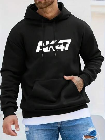 AK47 Theme Printed Men's Active Hoodie With  Pocket, Casual Polyester Blend Hooded Sweatshirt, Long Sleeve, Slight Stretch, Regular Fit Knit Fabric, Hot Stamping Detail, Comfortable Streetwear Pullover - Ideal Gift