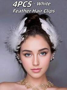 2个优雅羽毛发夹 - 珍珠羽毛设计，浪漫发夹，新娘头饰，公主舞会发饰，芭蕾舞风格羽毛发夹，适合女性和女孩，舞蹈表演，新娘，角色扮演，派对，也是送给家人和朋友的完美礼物，情人节配饰，婚礼发饰 - 彩色 - 查看 17