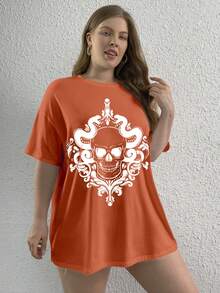 T Shirt Estampada Caveira Halloween Básica Leve Camiseta Oversized Verão Life Style Versátil Casual Aesthetic - Coral - Visão 7