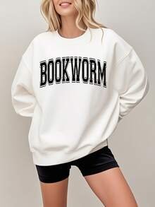 Women'S Bookworm Sweatshirt - Dark Green Literary Pullover With Bold BOOKWORM Lettering, Cozy Long Sleeve Round Neck Sweater For Book Lovers, Casual Everyday & Book Club Outfits - Perfect Gift For Readers, Book Lover Gifts, Reading Apparel, Relaxed Fit, Comfortable Material, Bookish Apparel, Bibliophiles Outfit, Readingthemed Clothing, Retro Design, Soft Fabric, Bibliophile Fashion, Casual Attire - Cozy Fall & Winter Outfit, Seasonal Clothing, Holiday Shoppers - trắng - Xem 4