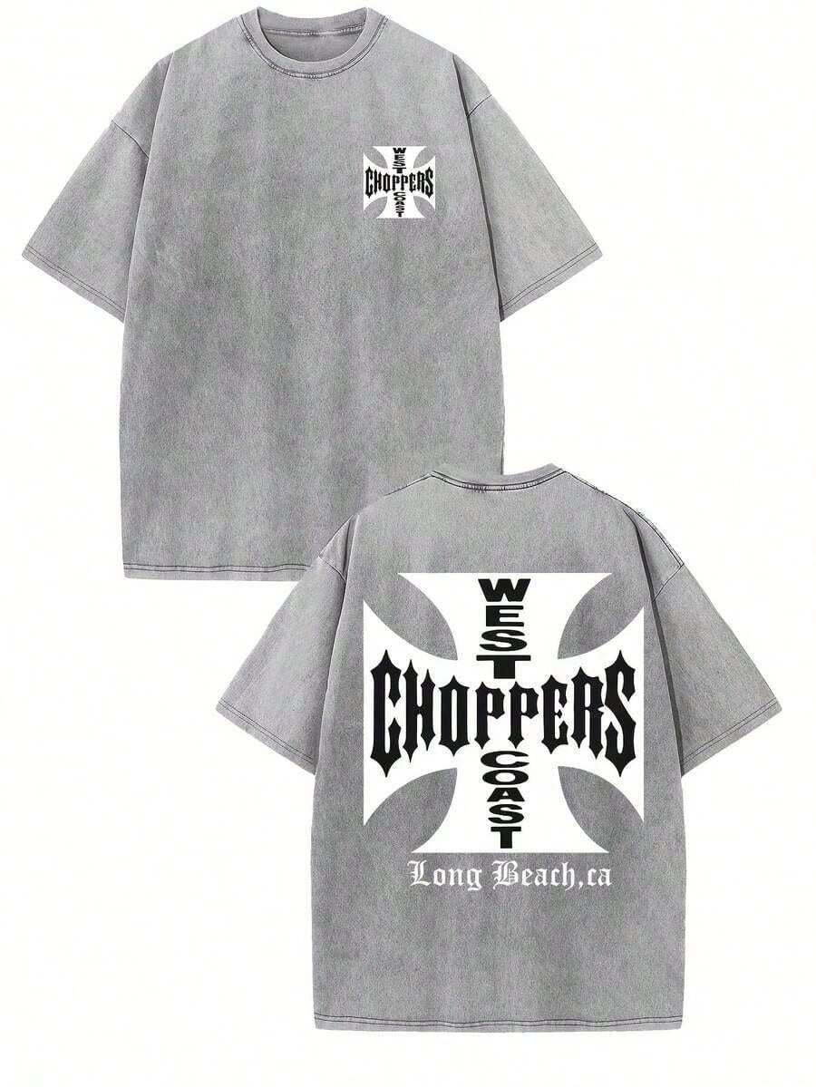 WEST COAST CHOPPERS Men's Retro Streetwear T-Shirt - 230g Washed Cotton, Double-Sided Print, Loose-Fitting Drop With A California Long Beach Graphic - 灰色 - 查看 1
