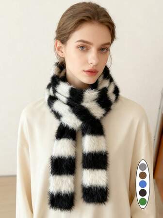 1条女士蓬松条纹针织围巾 - 时尚Y2K加厚围巾，适合冬季、学生、通勤/办公、街头风、角色扮演、派对、节日氛围等场合，魅力少女围巾（随机标签）