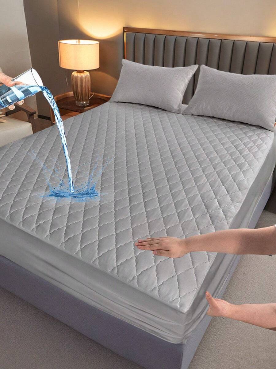 1pc Waterproof Fitted Sheet, Bedding, Skin-Friendly Mattress Cover, Christmas Decorations, Halloween Decor, Fall Decor, Soft And Comfortable Bedding For Bedroom, For All Seasons, 11.8 Inch Deep Pocket Cooling Breathable Quilted Square Lattice Fitted Sheet, For Queen King Twin All Size, Solid Color Mattress Protective Cover, Dustproof, Comfortable And Machine Washable