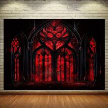 2D Flat  Gothic Black & R1d Vintage Stained Glass Window Design 2D Flat Banner - Large Wall Hanging For Halloween Party  Decor  Home & Living Room  Polyester  No Electricity Needed  Gothic Home Decor  Halloween Decorations  Gothic Style   Durable Fabric  Gothic R1d Black Backdrop/Panelling  Halloween Decoration Garage Door/Photo Backdrop  Cathedral  Banner/R1d Window Gothic  Halloween Banner  Wall Tapestry  Birthday Decor - 彩色 - 查看 2