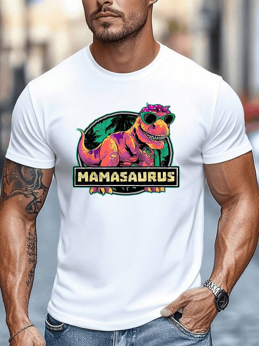 Vintage Dinosaur Mamasaurus Graphic Digital Printed T Shirt 220g Retro Style 1pcs Casual Loose Fit Size Plus Men's 100% Cotton Tee Summer Streetwear - White - View 1