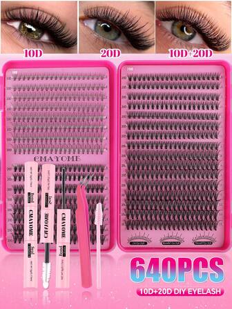 640 Stücke D-Curl Einzelwimpern Cluster Großpackung 10D+20D/30D+40D+50D, reguläre Wimpern 12-16mm DIY Wimpern Cluster Set für natürliches Aussehen&extra dick&fließend&ultra weich&super leicht wiederverwendbare einzelne segmentierte Falsche Wimpern Wimpernverlängerungs-Set mit Make-up Werkzeugen