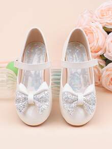 Zapatos de vestir con tacón grueso, decorados con lazo blanco y lentejuelas, adecuados para ocasiones formales, fiestas, bodas, actuaciones, ballet, estilo princesa, cómodos y versátiles para niñas pequeñas, medianas y grandes