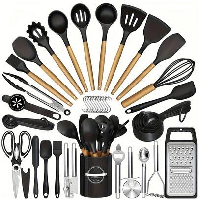 LIPETY 44-Piece Silicone Kitchen Utensil Set With Wooden Handles - Non-Stick, Includes Stainless Steel Grater And Bottle Opener, Perfect For Cooking, Baking And Holiday Celebrations