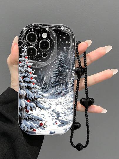 1pc Fashionable Glossy Christmas Snowy Landscape Print Thick & Shockproof Phone Case With Lanyard, Compatible With Iphone 16 PROMAX/15/14/13/12/11/XS Max, Galaxy A06/A16/A26/A36/A54/A55/A56/S23/S24/S25 Ultra