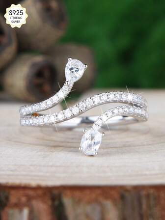 1pc S925 Sterling Silver Geometric Wrap Design Ring, Main Stones 2pcs 3*4mm Moissanite, 1.0 1.1 1.2mm Small Moissanite Accents, Suitable For Women's Daily Wear, Proposal, Engagement, Valentine's Day And Anniversary