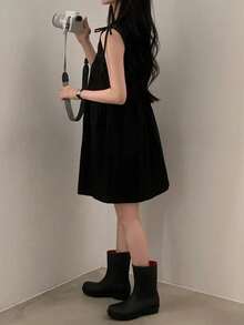 小码女士复古褶皱蝴蝶结无袖露背迷你连衣裙，夏季优雅黑色 - 黑色 - 查看 8