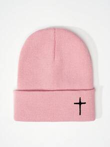 1 Stück Kreuz bestickter gestrickter Beanie, Y2K Stil Outdoor warmer Lässig vielseitiger Winterhut, geeignet für den täglichen Gebrauch