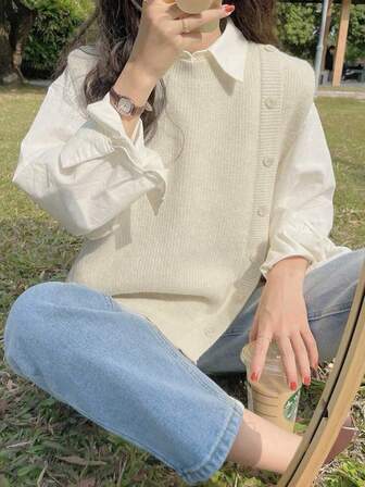 女士圆领开衩下摆套头针织毛衣背心，圣诞节和新年