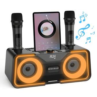 卡拉OK机，便携式无线音箱，配备2个无线麦克风、LED派对灯光效果、内置5000mAh可充电电池，兼容USB/读卡器/AUX接口。是家庭聚会和朋友聚会的理想之选，也是完美的圣诞礼物。