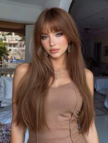This Comfortable, Natural And Breathable Mocha Brown Straight Hair 28-Inch Wig Is A Synthetic Wig For Women And Girls, Suitable For Role-Playing, Party And Wedding Wigs, As Well As Daily Wear. It Is Also A Halloween And Christmas Gift - 摩卡棕 - 查看 1