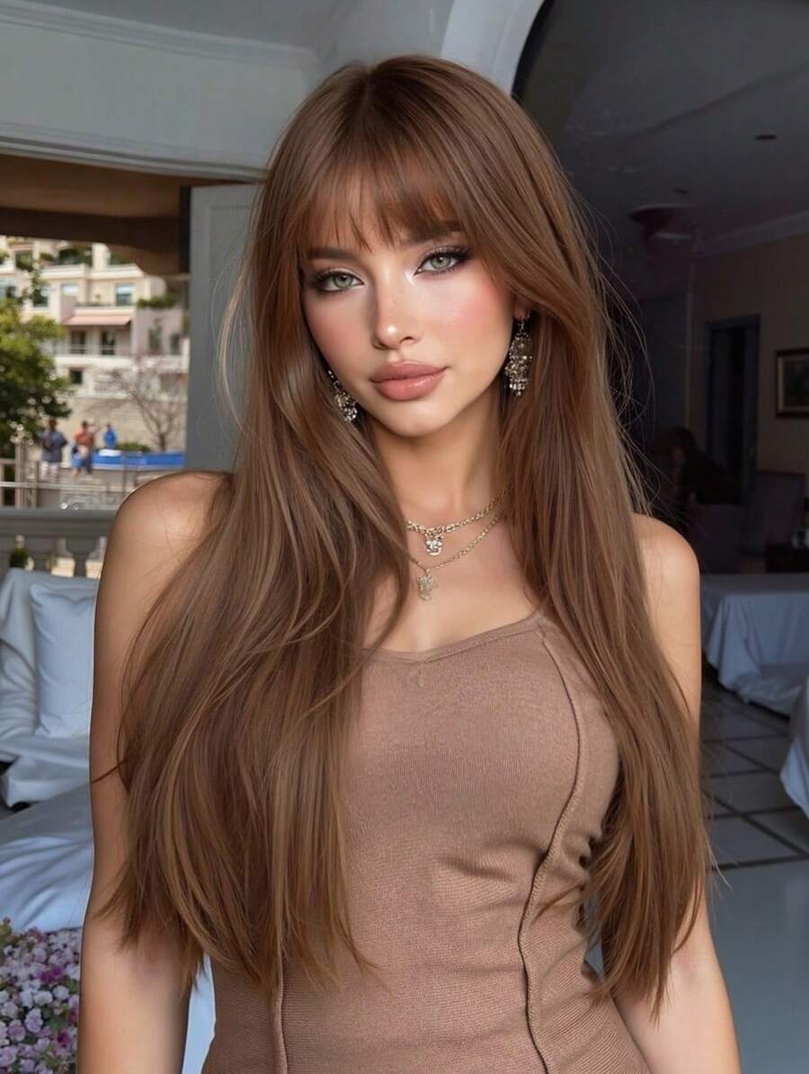 This Comfortable, Natural And Breathable Mocha Brown Straight Hair 28-Inch Wig Is A Synthetic Wig For Women And Girls, Suitable For Role-Playing, Party And Wedding Wigs, As Well As Daily Wear. It Is Also A Halloween And Christmas Gift - 摩卡棕 - 查看 1