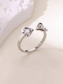 Two Heart Stainless Steel Rings With Cubic Zirconia 18K Gold-Plated Adjustable Open Ring For Women Romantic Golden Wedding Memorial Jewelry Holiday Accessories Mother's Day, Valentine's Day Gifts