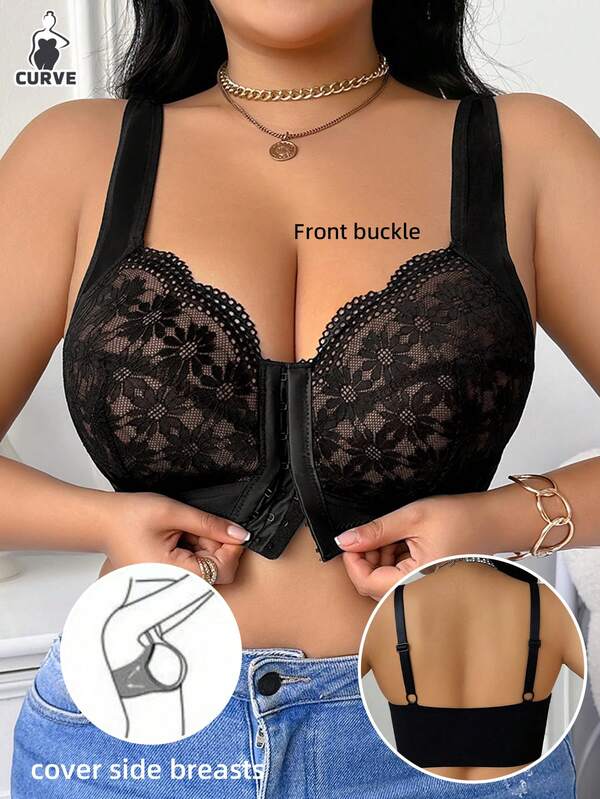 Women's Plus Size Underwire Front-Closure Lace Bra Sexy Lace Support Bra Lifting Effect Removable Pads Comfortable Breathable Push-Up Underwear