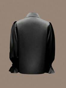 女士优雅休闲百搭通勤缎面衬衫，亲肤柔软丝滑缎面面料，领口泡泡袖设计上衣 - 100% 涤纶，可机洗和干洗，纯色，适合所有季节、办公室和日常穿着，纯色荷叶边/荷叶边前纽扣 - 黑色 - 查看 6