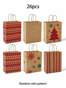 12个/6个带手柄的圣诞礼品袋，六种款式的圣诞牛皮纸袋，圣诞礼品袋，牛皮纸节日包装袋，圣诞驯鹿礼品袋，圣诞树礼品袋，雪花礼品袋，带有圣诞图案，新年礼品袋，适用于节日派对小礼物和圣诞礼盒包装，派对礼品袋 - 彩色 - 查看 9