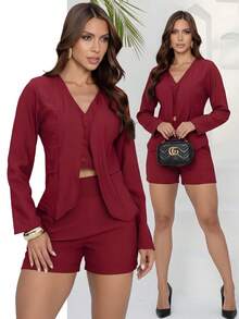 TETE FASHION Women's Tailored Set Double Vest Formal Shorts - RED WINE - View 1